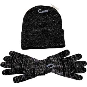 Reflective Womens Mens Knitted Cuffed Metallic Warm Beanie Hat and Winter Gloves